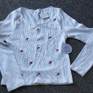Kids' White Floral Embroidered Long Sleeve Top